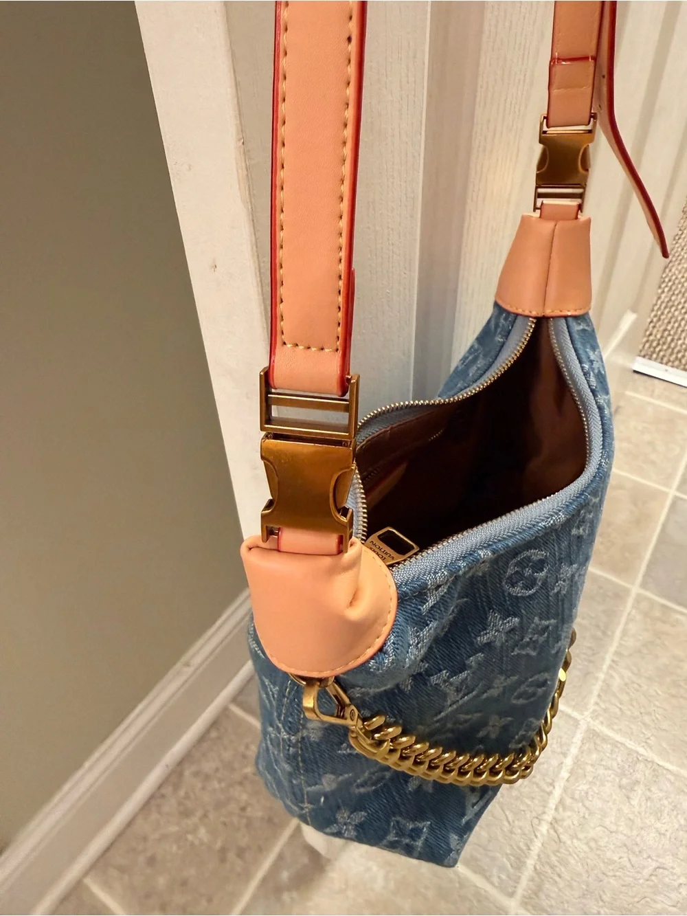 Denim Monogram Shoulder Bag with Gold Chain - Picture 3 of 7